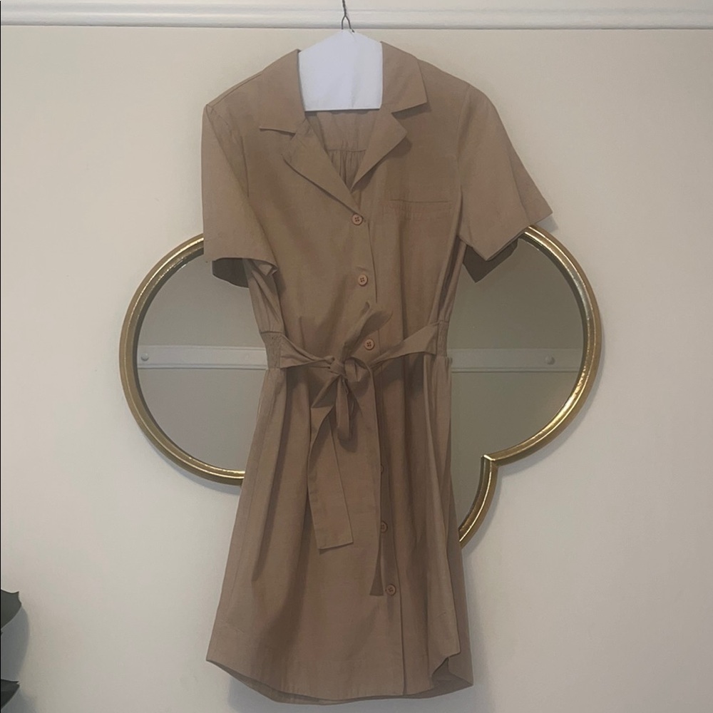 French Connection Tan Short Sleeve Button-Up Dress